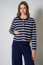 Giacca in Maglia Stoffa in Cotone Seta Cashmere Blu-Bianco Latte