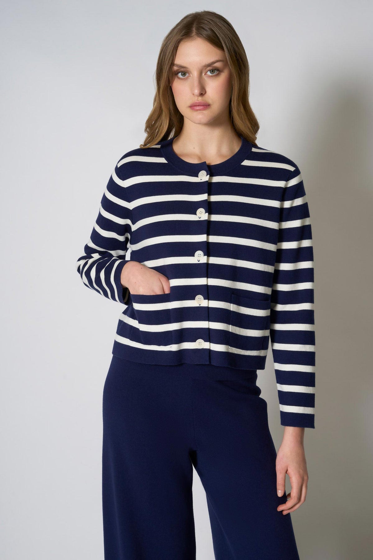 Giacca in Maglia Stoffa in Cotone Seta Cashmere Blu-Bianco Latte