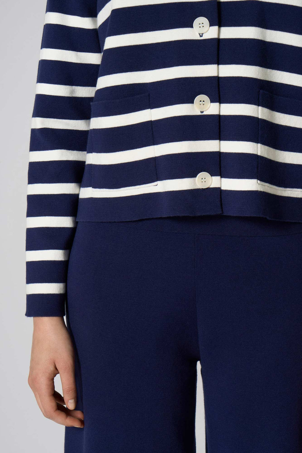 Giacca in Maglia Stoffa in Cotone Seta Cashmere Blu-Bianco Latte