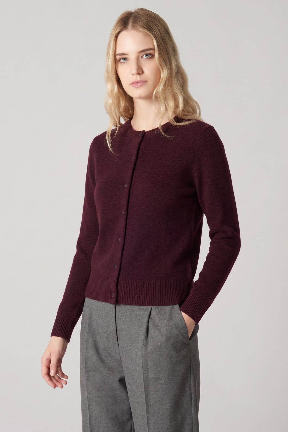 Cardigan Girocollo con gros-grain in Puro Cashmere Acero