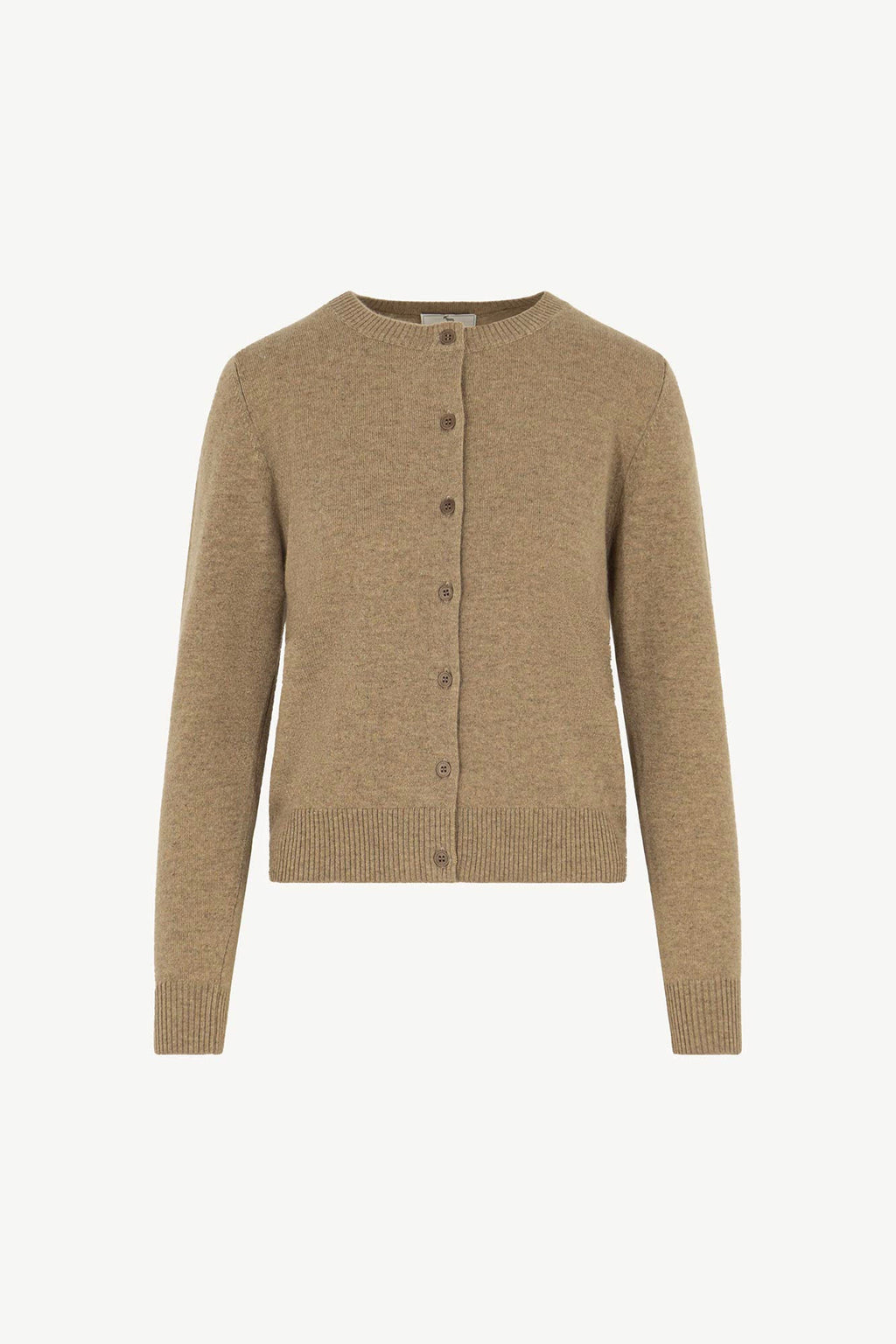 Cardigan Girocollo con gros-grain in Puro Cashmere Dune
