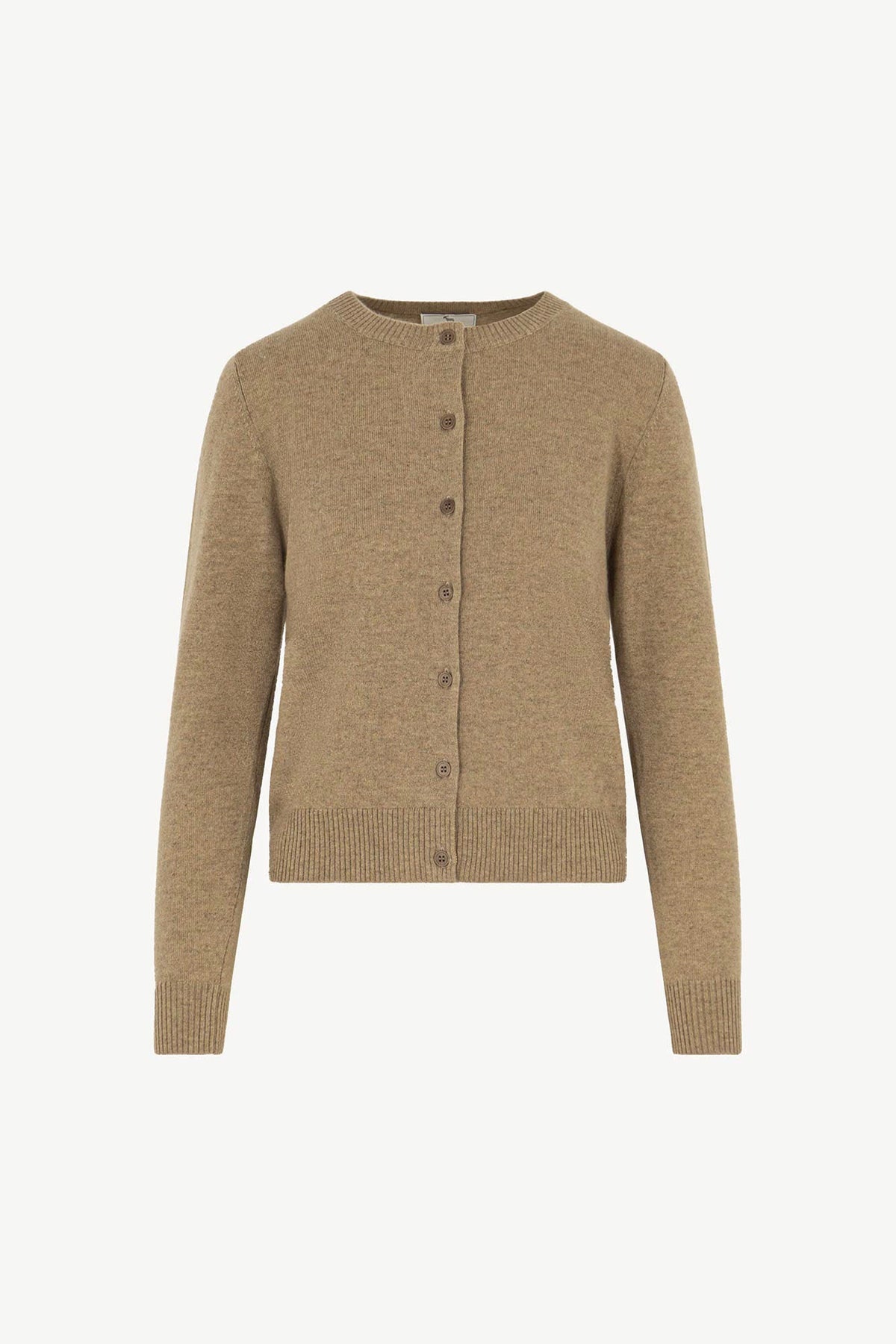Cardigan Girocollo con gros-grain in Puro Cashmere Dune