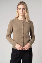 Cardigan Girocollo con gros-grain in Puro Cashmere Dune