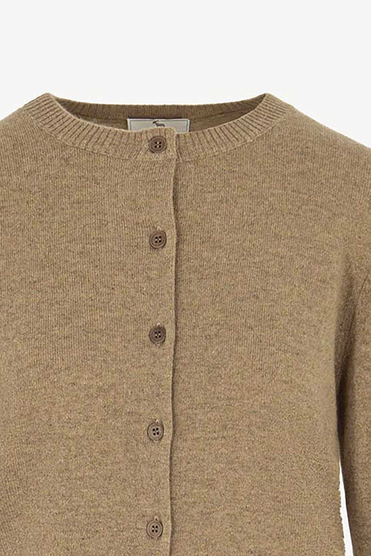 Cardigan Girocollo con gros-grain in Puro Cashmere Dune