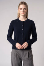 Cardigan Girocollo con gros-grain in Puro Cashmere Notte