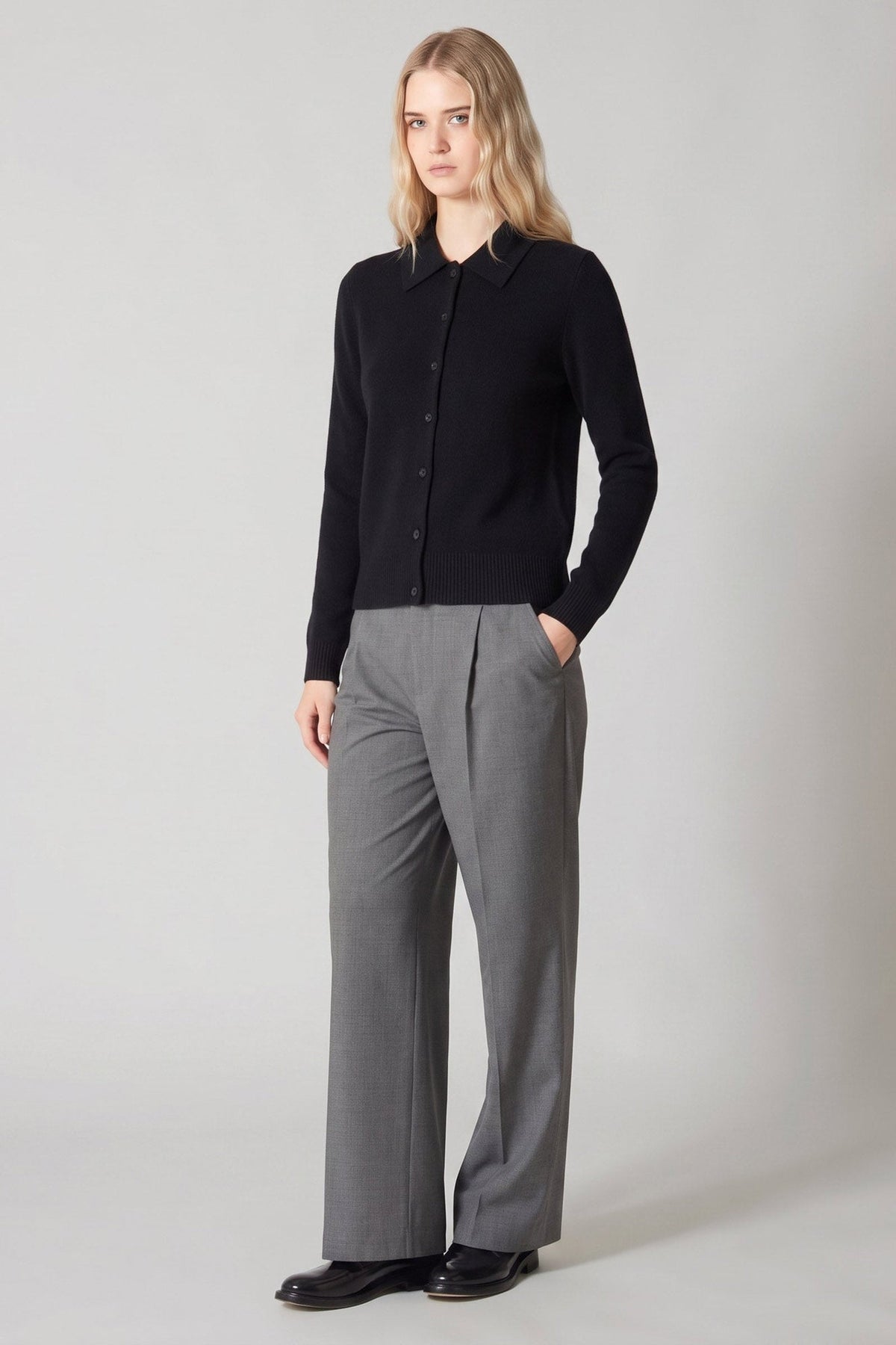 Cardigan collo a Camicia con gros-grain in Puro Cashmere Nero