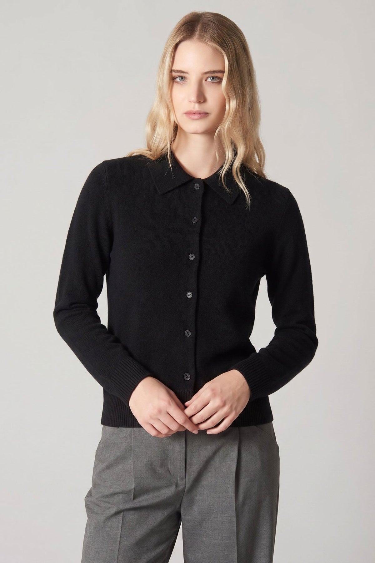 Cardigan collo a Camicia con gros-grain in Puro Cashmere Nero