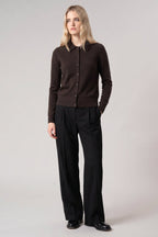 Cardigan collo a Camicia con gros-grain in Puro Cashmere Mocha