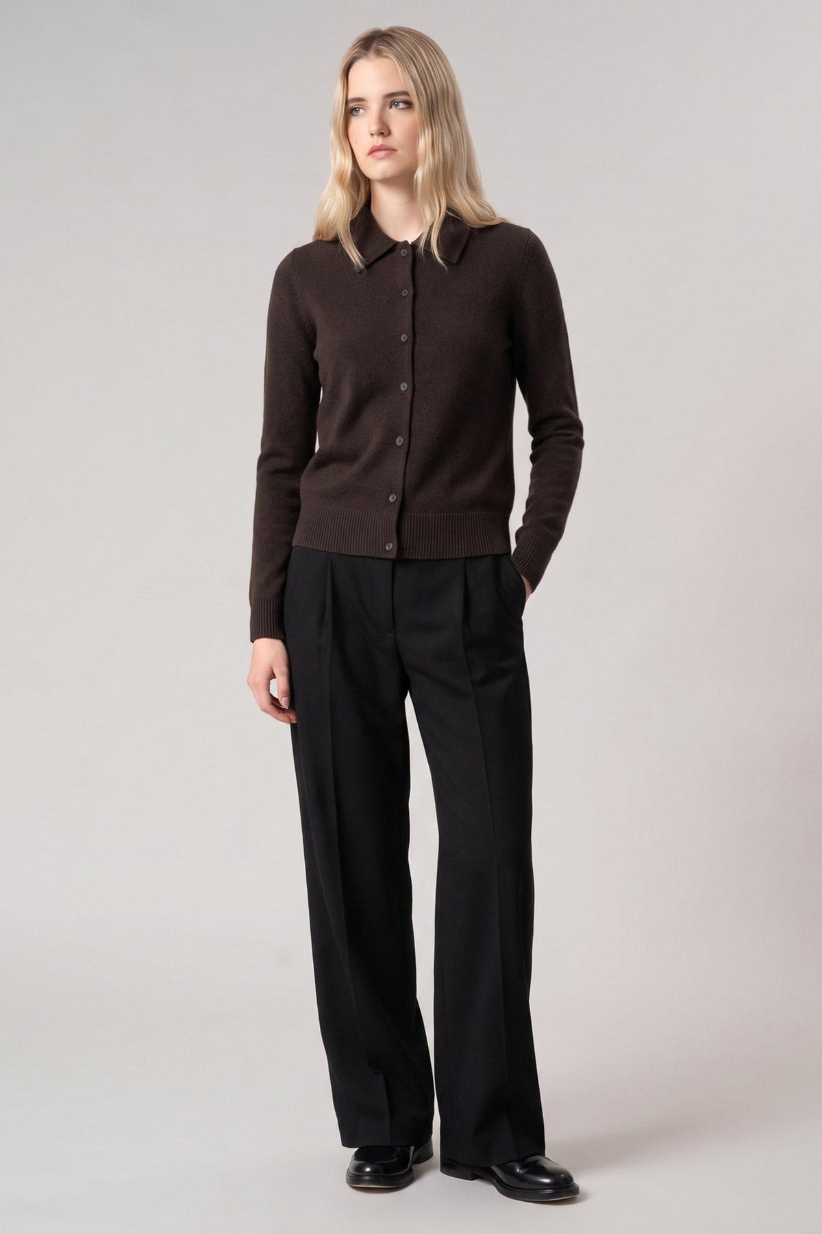 Cardigan collo a Camicia con gros-grain in Puro Cashmere Mocha