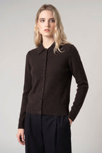 Cardigan collo a Camicia con gros-grain in Puro Cashmere Mocha