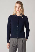 Cardigan collo a Camicia con gros-grain in Puro Cashmere Notte
