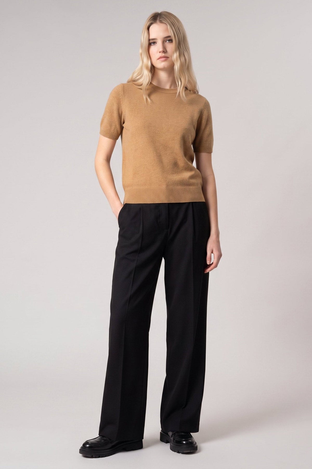 Girocollo Mezza Manica in Puro Cashmere Cammello