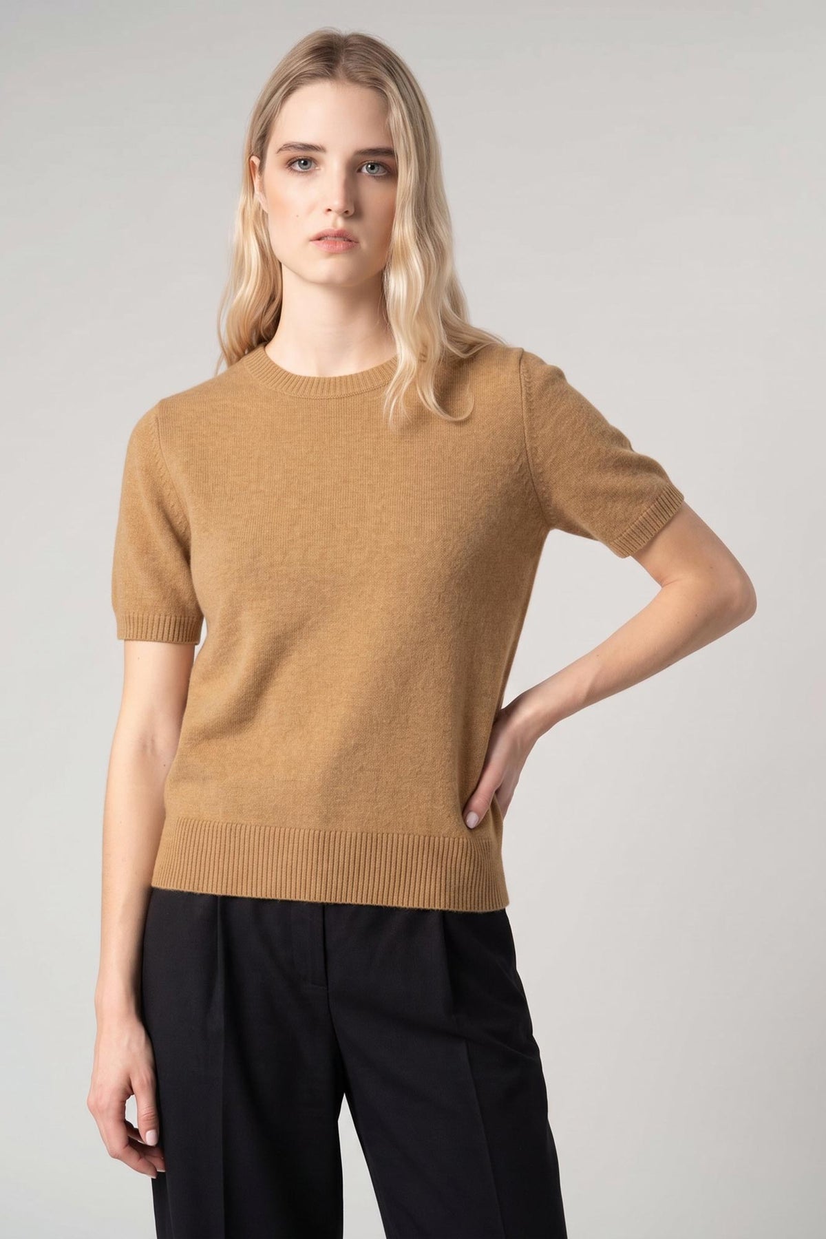 Girocollo Mezza Manica in Puro Cashmere Cammello