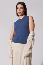 Girocollo Senza Maniche in Puro Cashmere Denim Scuro