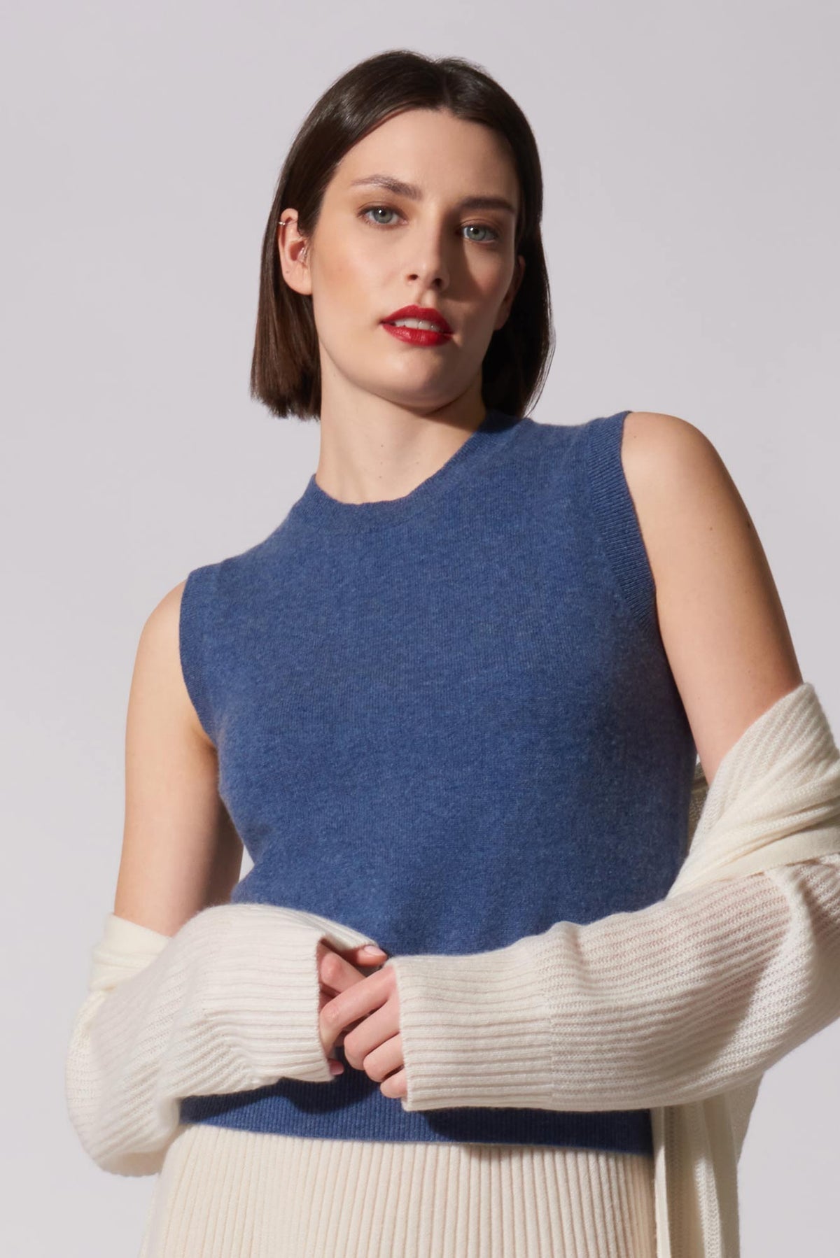 Girocollo Senza Maniche in Puro Cashmere Denim Scuro
