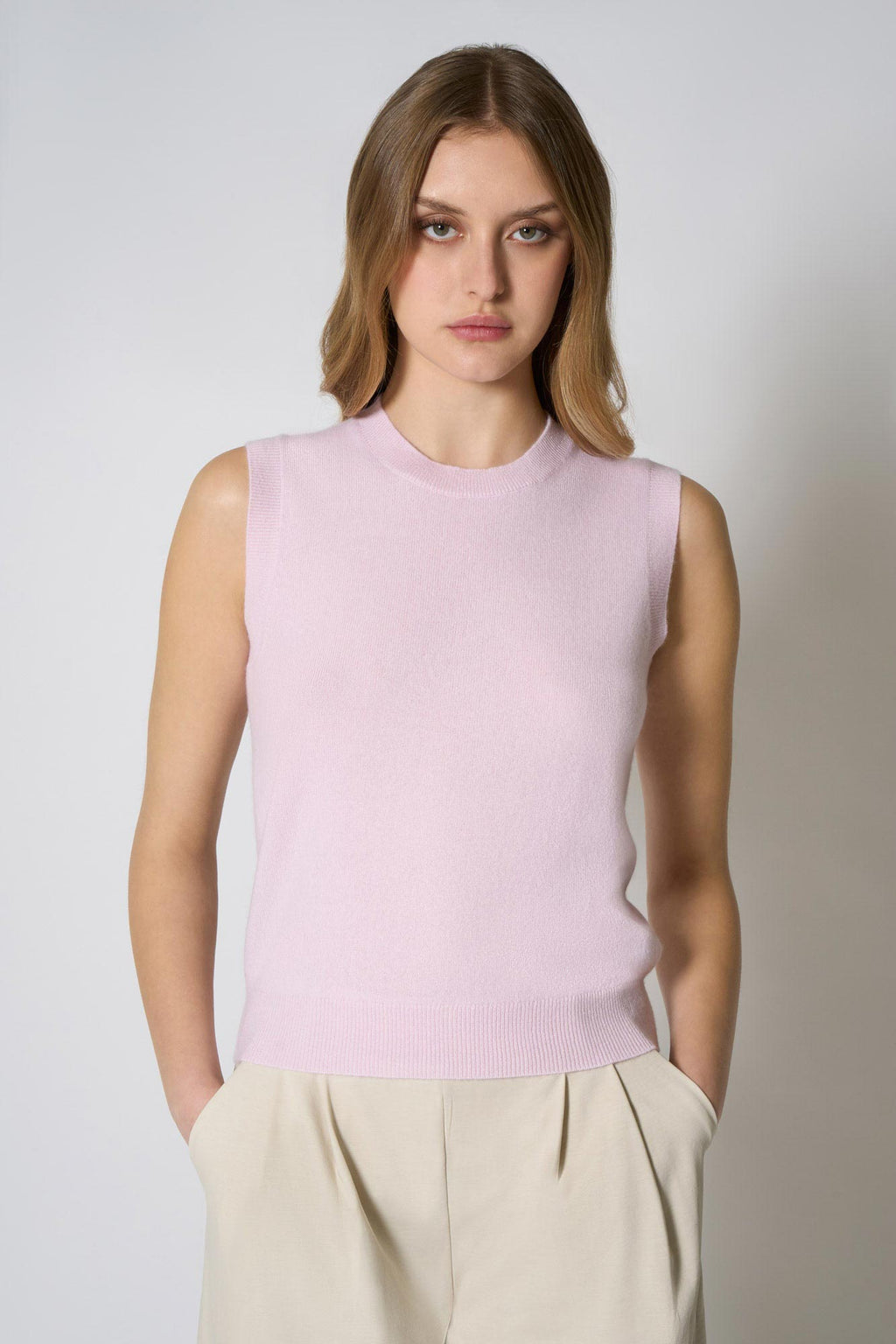 Girocollo Senza Maniche in Puro Cashmere Rosa