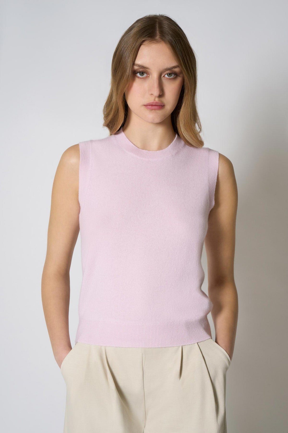 Girocollo Senza Maniche in Puro Cashmere Rosa