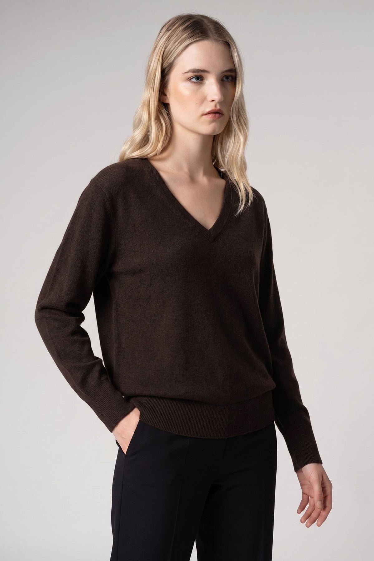 Pullover Scollo a V in Puro Cashmere Mocha