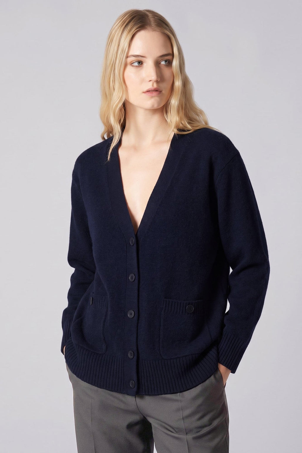 Cardigan Scollo a V in Puro Cashmere Notte