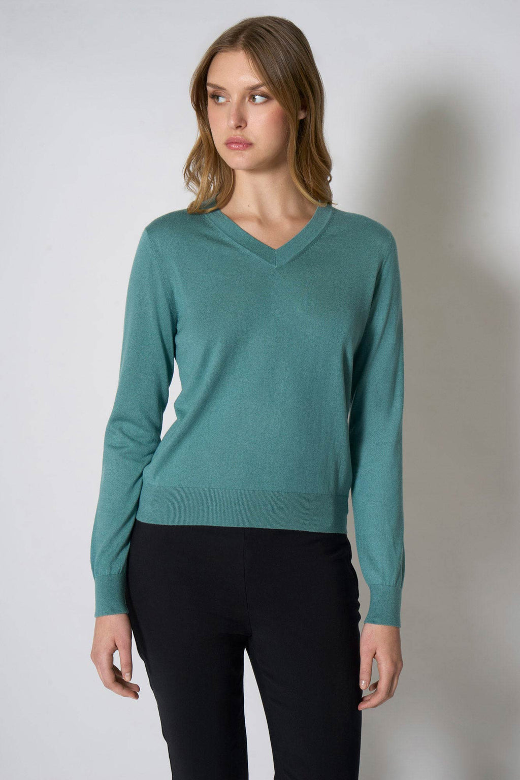 Maglia Scollo a V in Seta Cashmere Extrafine Lichene