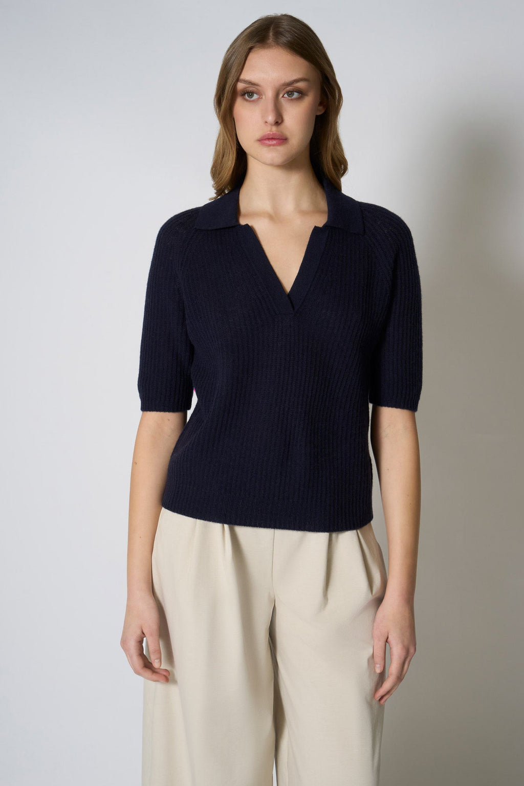 Polo a Costa Inglese in Puro Cashmere Blu Notte
