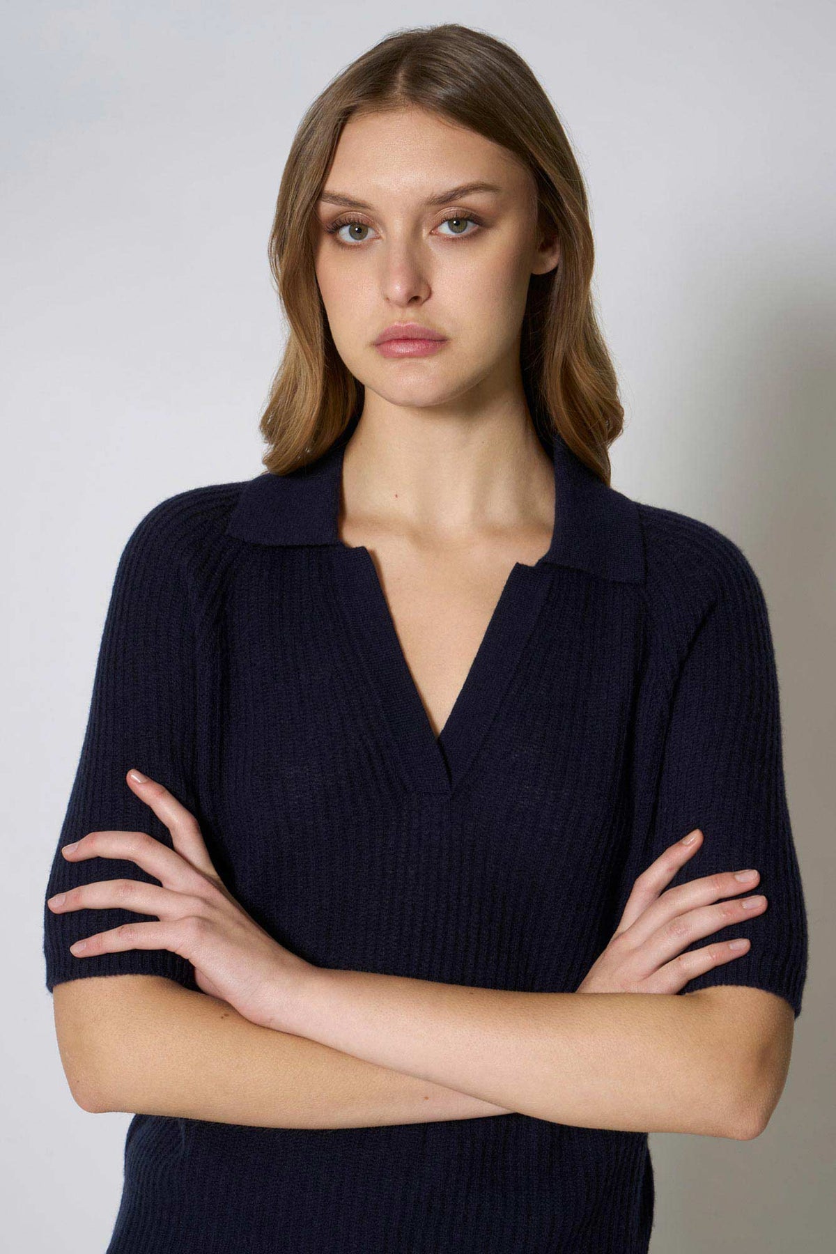 Polo a Costa Inglese in Puro Cashmere Blu Notte