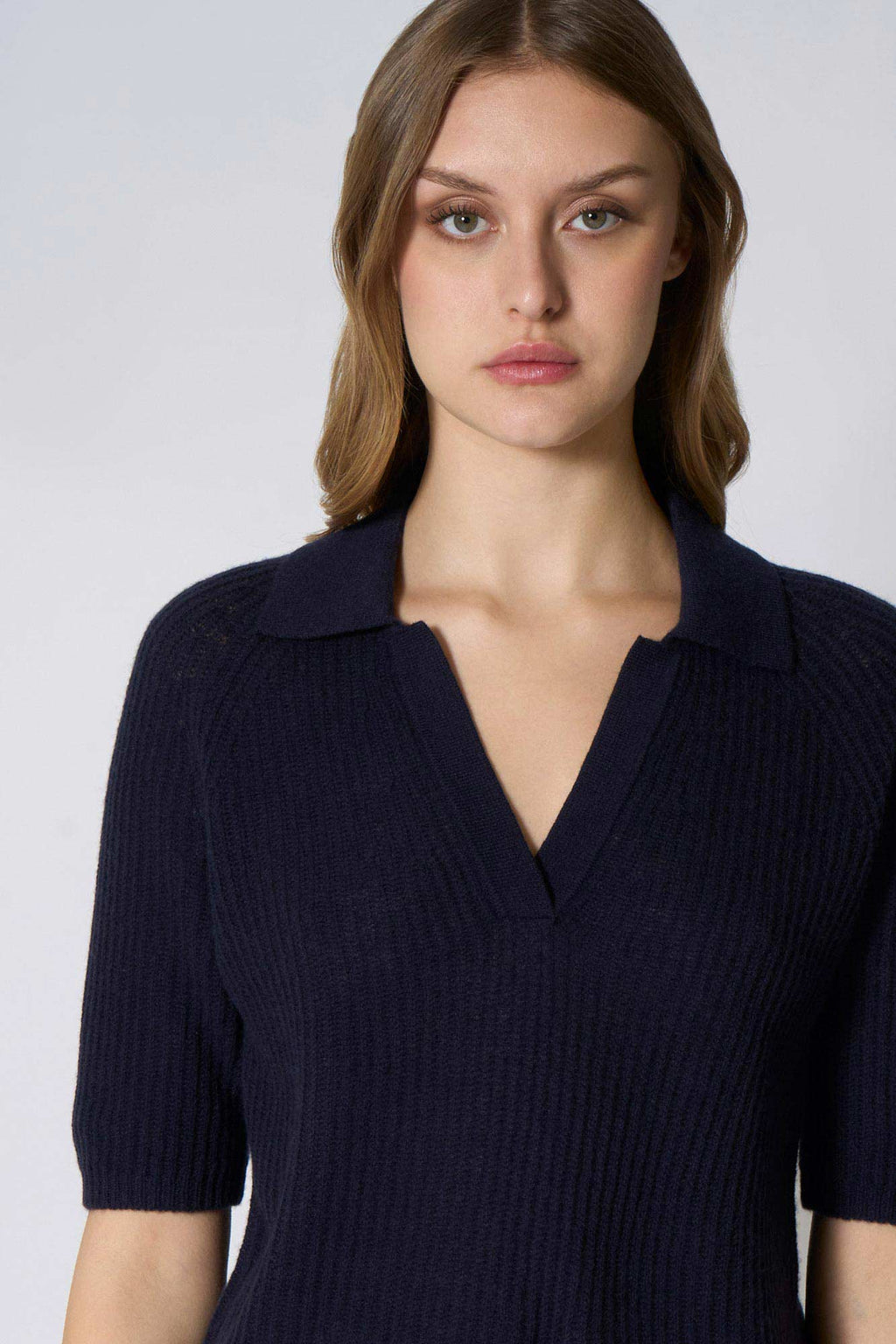 Polo a Costa Inglese in Puro Cashmere Blu Notte