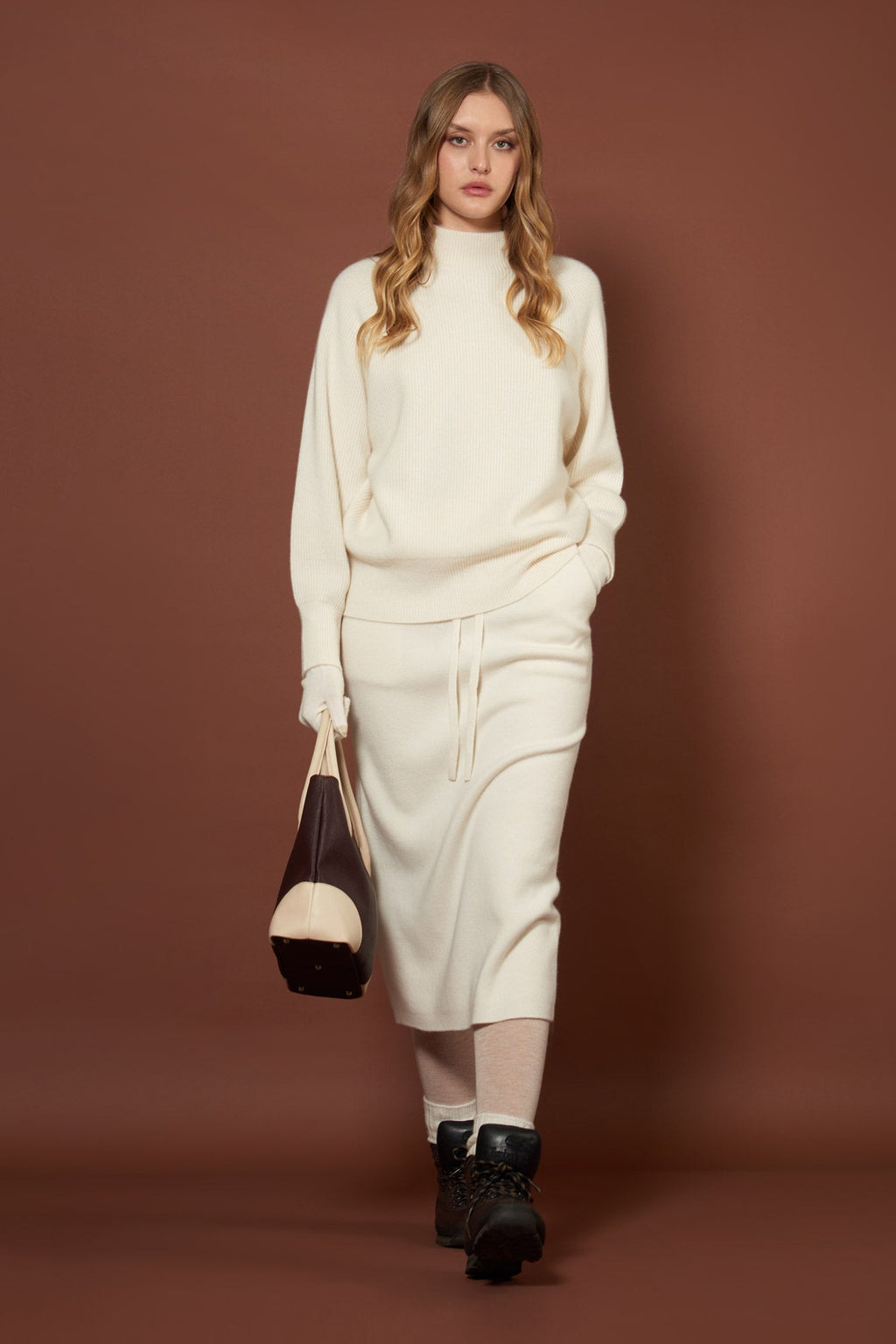 Gonna Lunga in Punto Stoffa in Puro Cashmere Latte