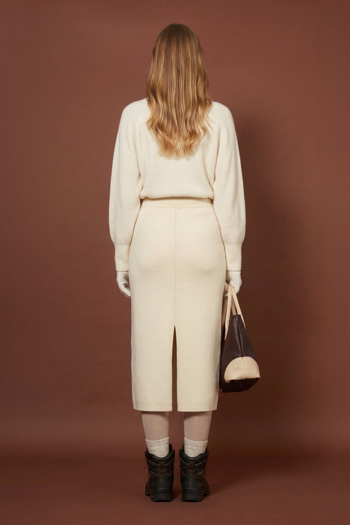 Gonna Lunga in Punto Stoffa in Puro Cashmere Latte