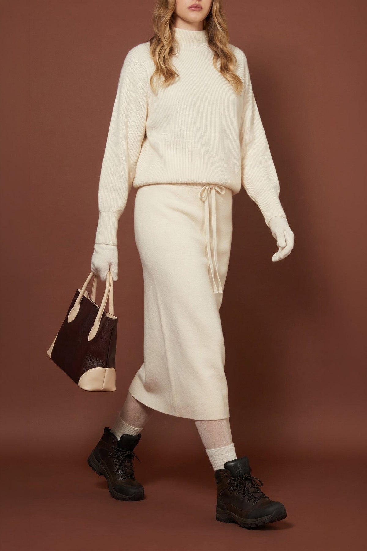 Gonna Lunga in Punto Stoffa in Puro Cashmere Latte