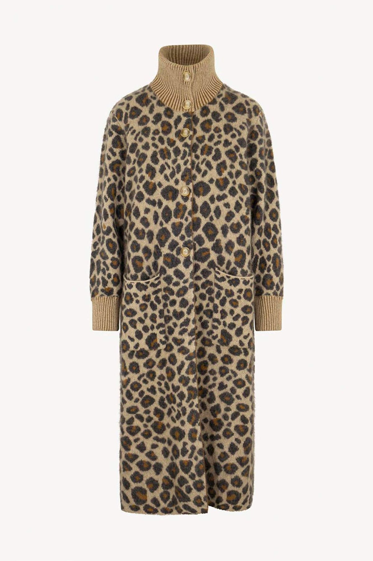 Cappotto Jacquard Animalier in Puro Cashmere Spazzolato Avorio Leopard