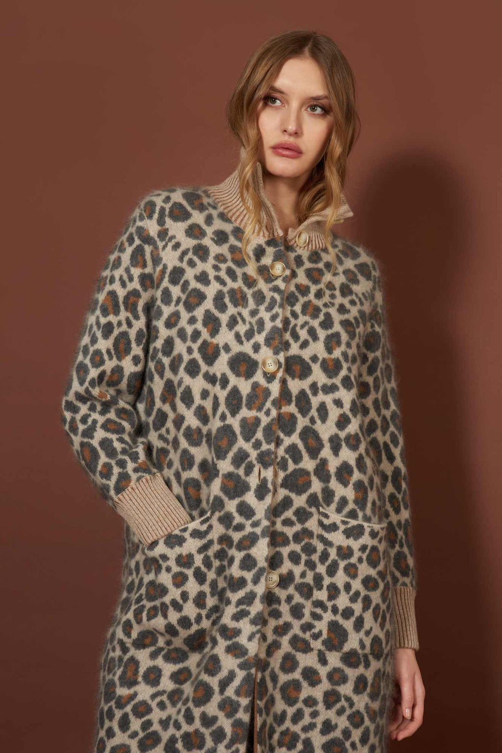 Cappotto Jacquard Animalier in Puro Cashmere Spazzolato Avorio Leopard