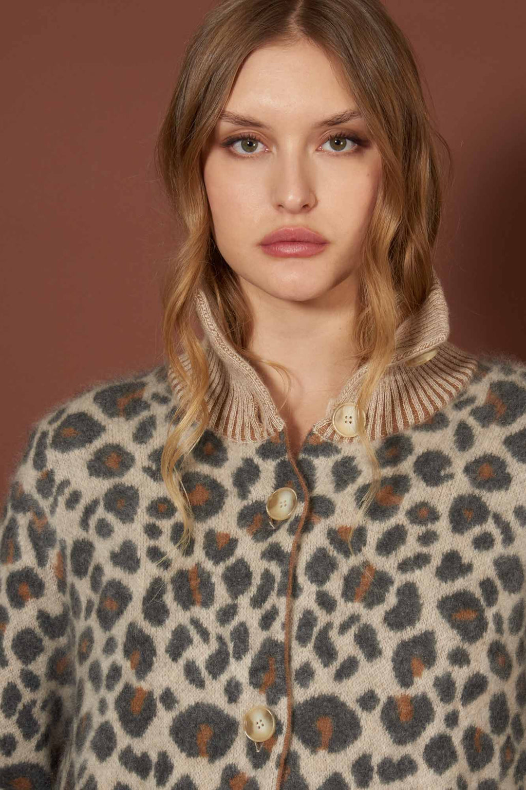 Cappotto Jacquard Animalier in Puro Cashmere Spazzolato Avorio Leopard