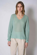 Maglia Scollo a V Costa Inglese in Puro Cashmere Verde Giada