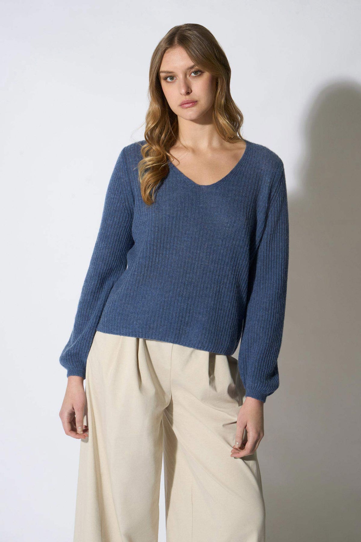 Maglia Scollo a V Costa Inglese in Puro Cashmere Denim Scuro