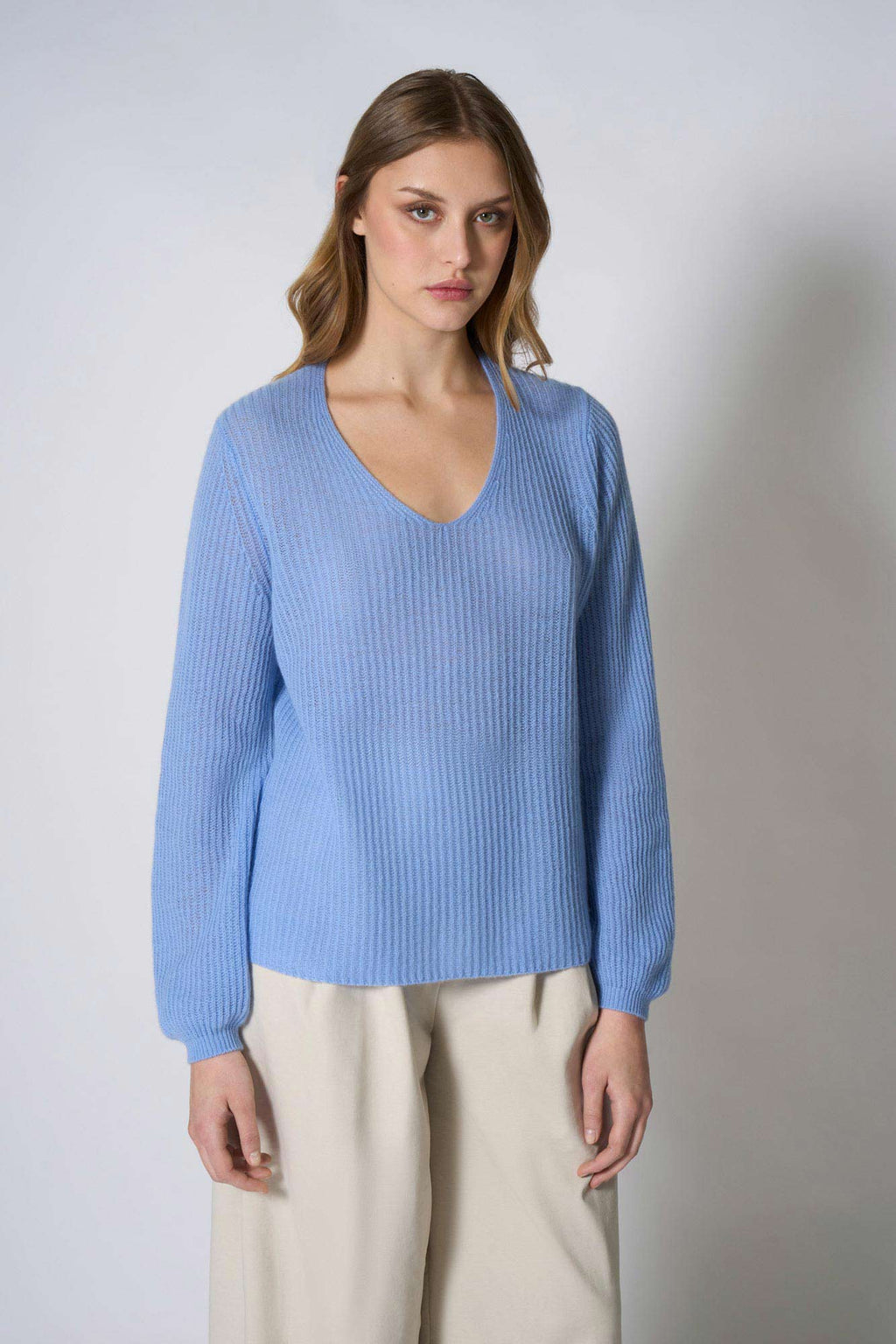 Maglia Scollo a V Costa Inglese in Puro Cashmere Cielo