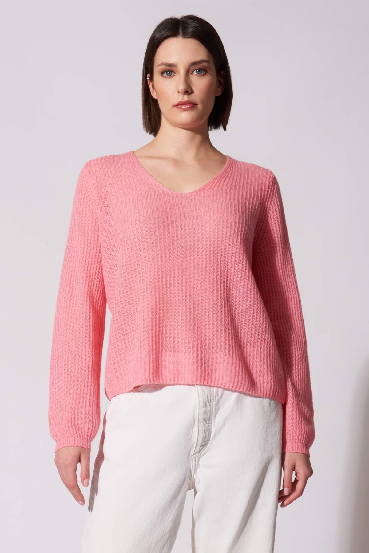 Maglia Scollo a V Costa Inglese in Puro Cashmere Rosa Confetto