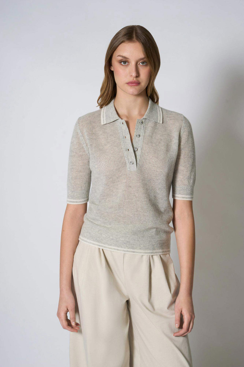 Polo Rete in Puro Cashmere Grigio Perla