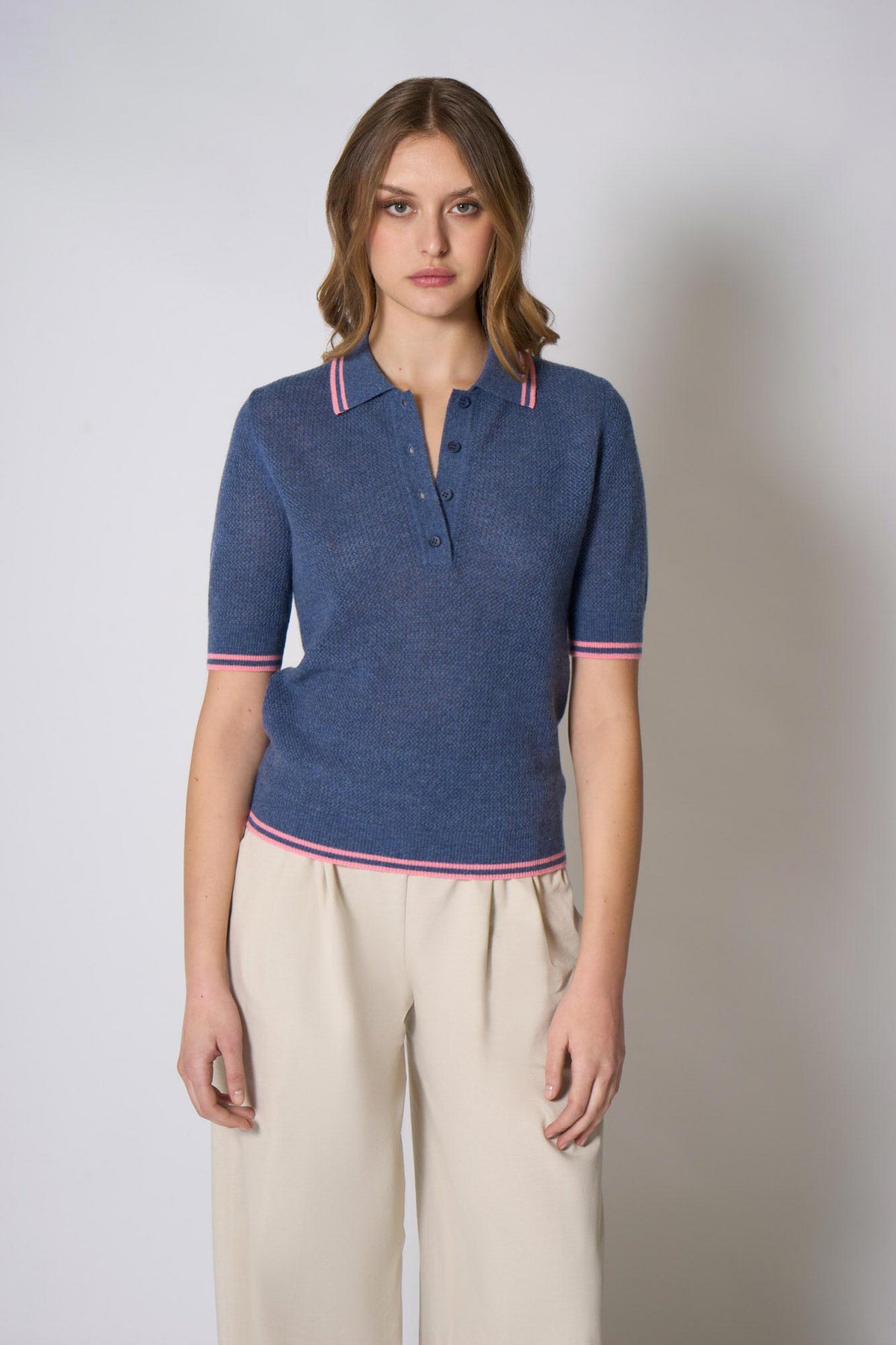 Polo Rete in Puro Cashmere Denim Scuro