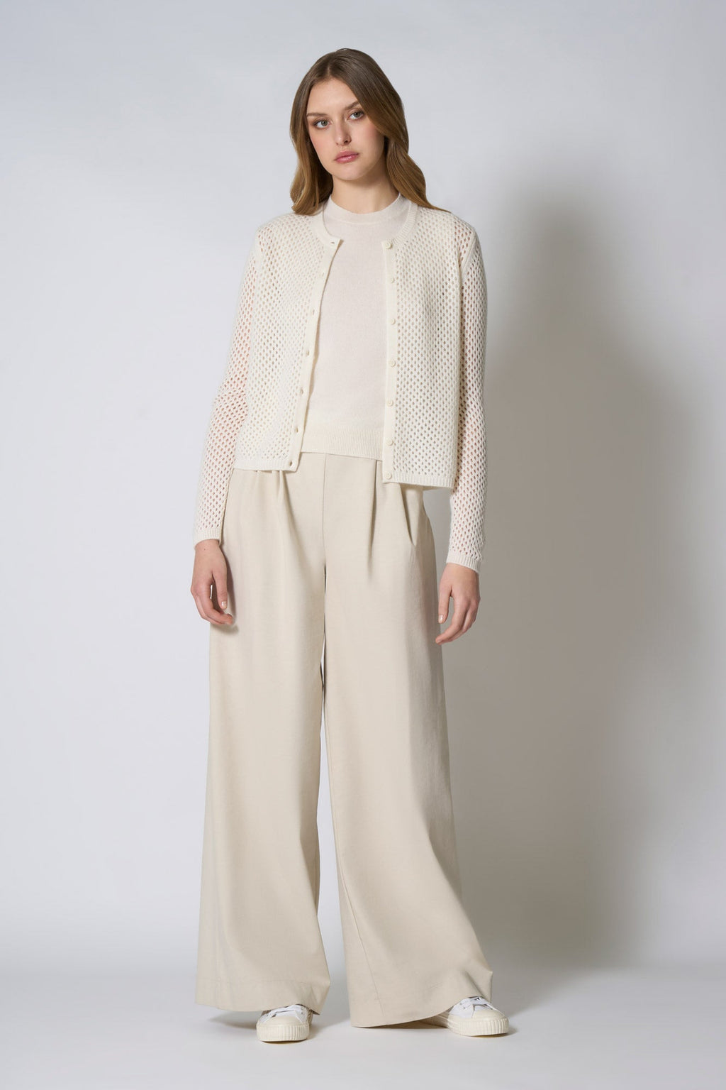 Cardigan Rete in Puro Cashmere Bianco Latte