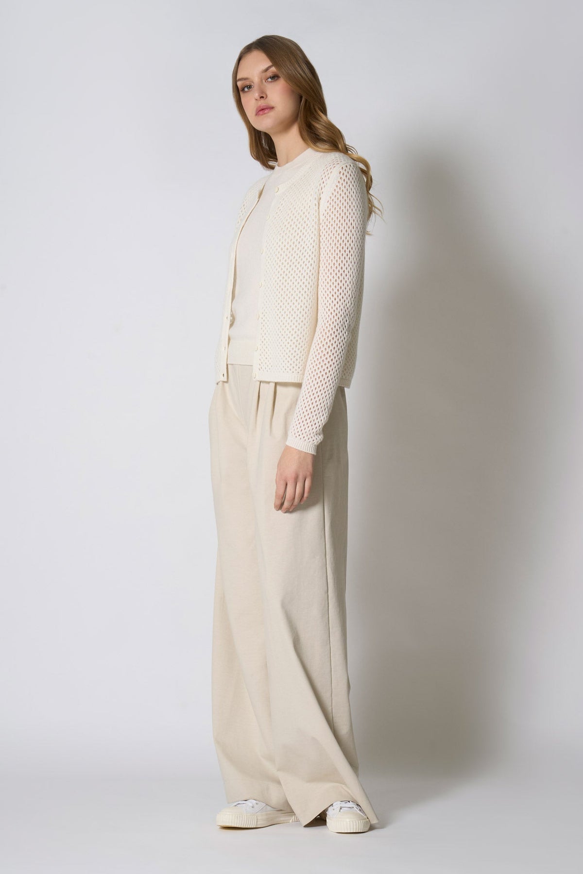 Cardigan Rete in Puro Cashmere Bianco Latte
