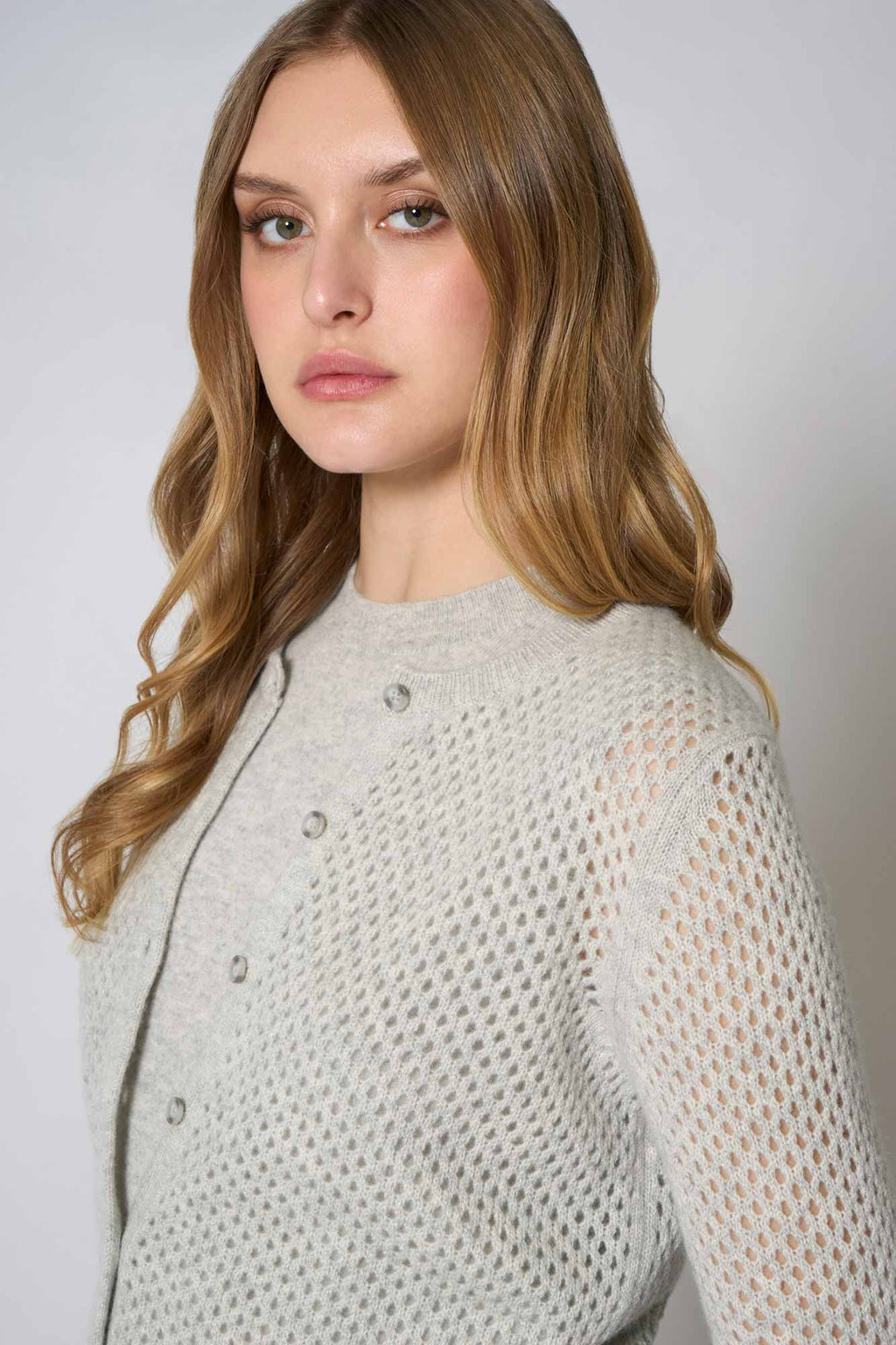 Cardigan Rete in Puro Cashmere Grigio Perla