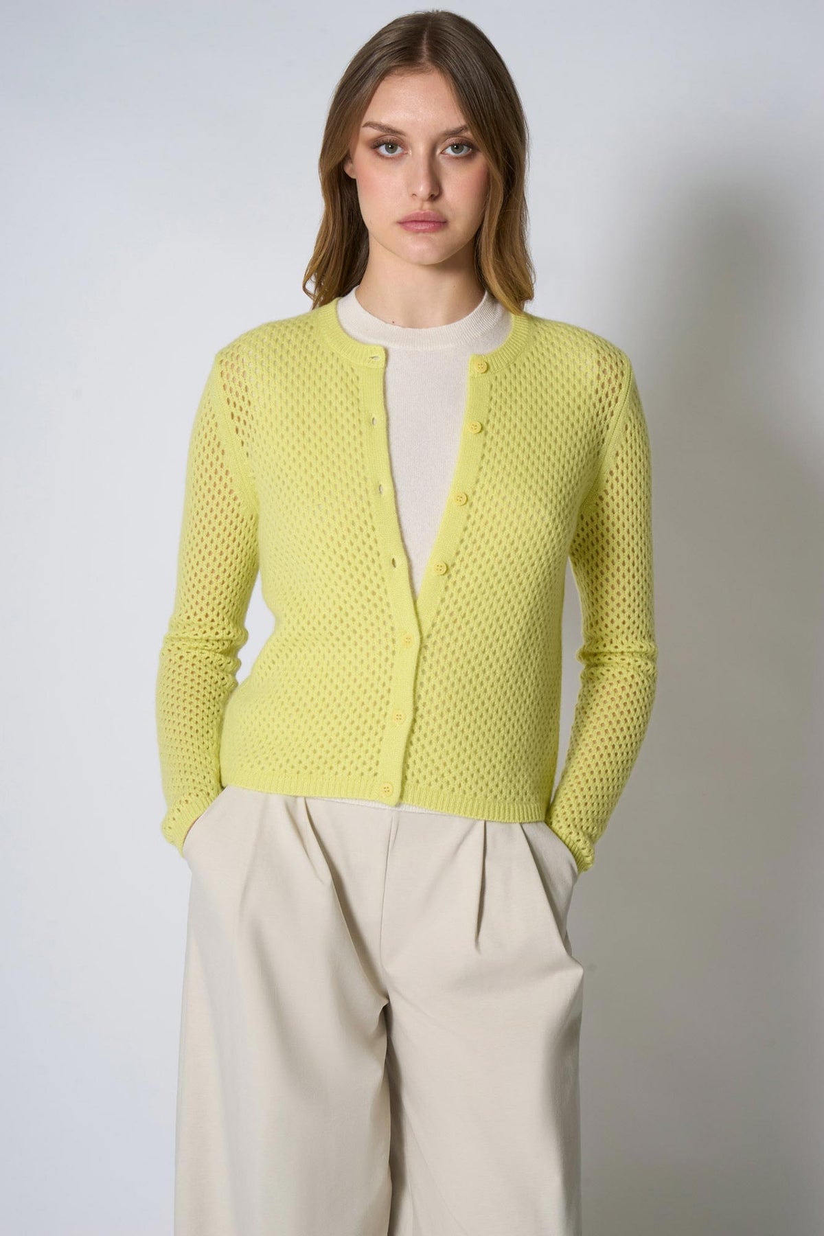 Cardigan Rete in Puro Cashmere Giallo