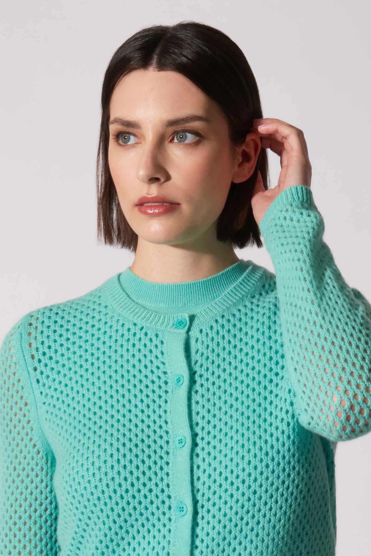 Cardigan Rete in Puro Cashmere Acqua
