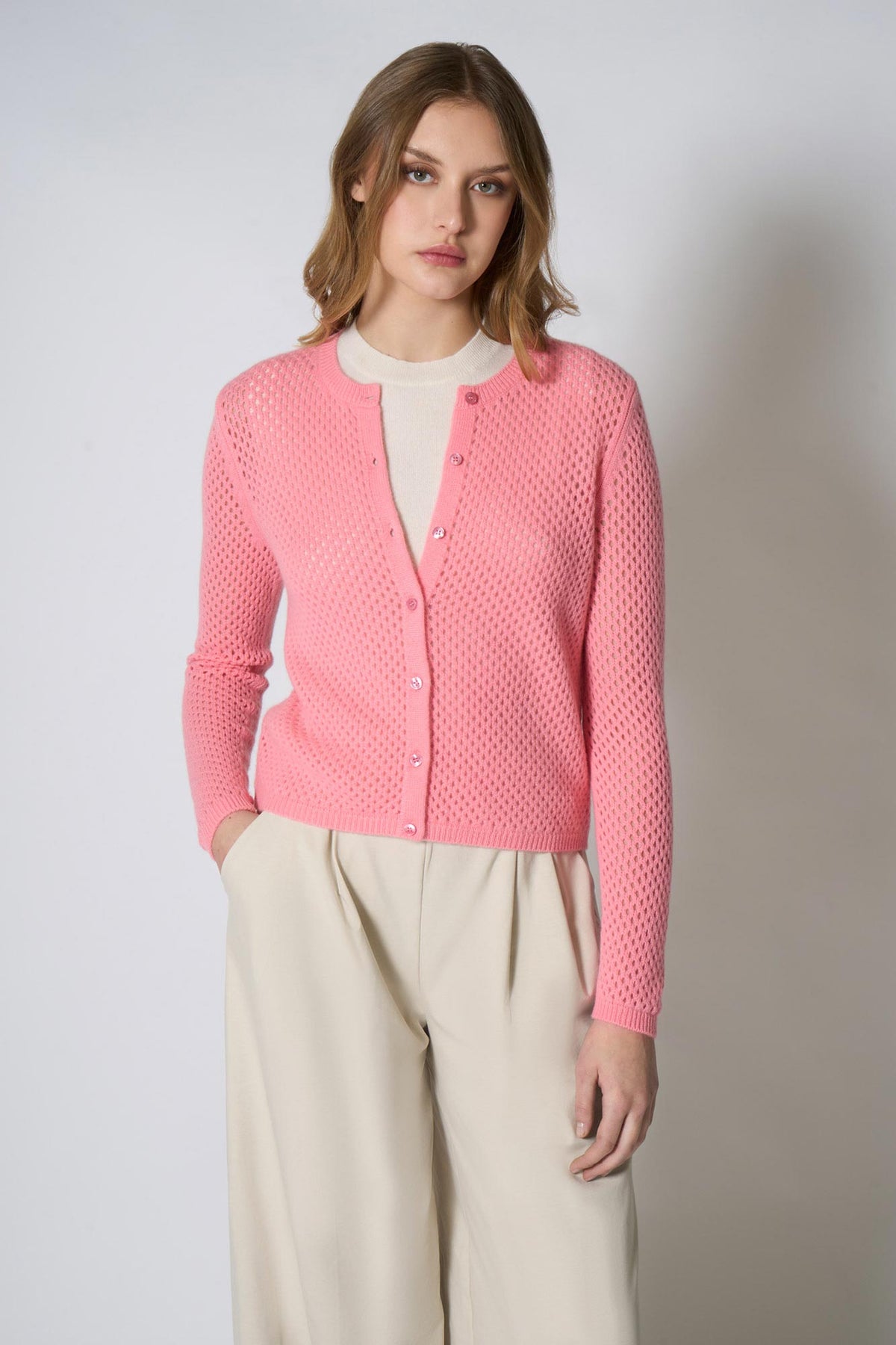 Cardigan Rete in Puro Cashmere Rosa Confetto