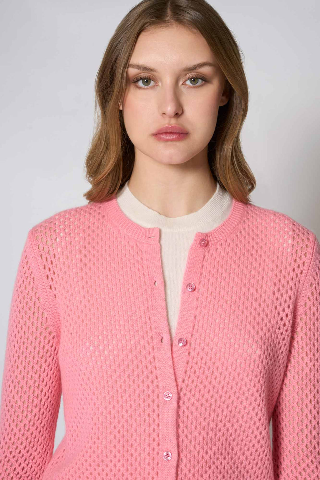 Cardigan Rete in Puro Cashmere Rosa Confetto