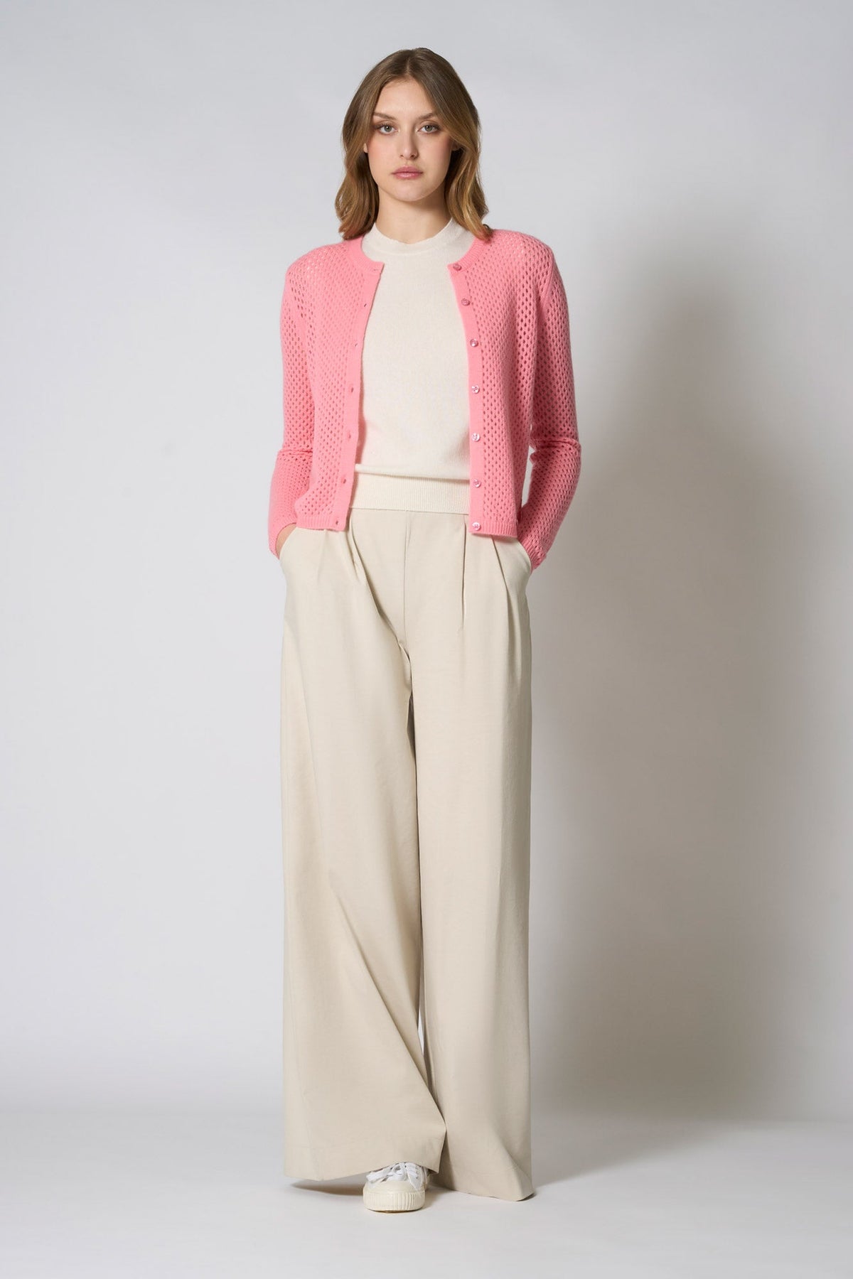 Cardigan Rete in Puro Cashmere Rosa Confetto