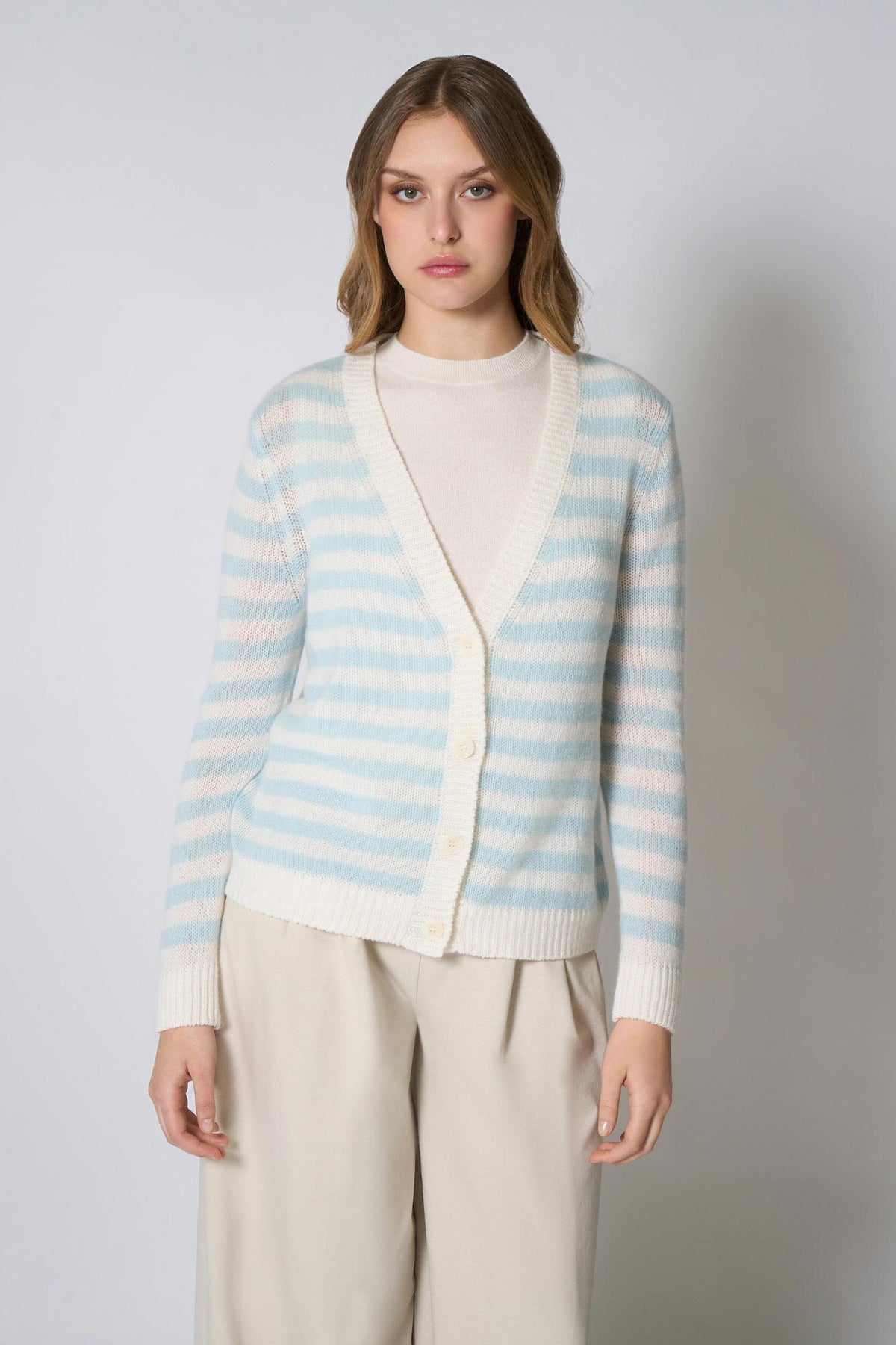 Cardigan a Righe in Puro Cashmere Acquamarina