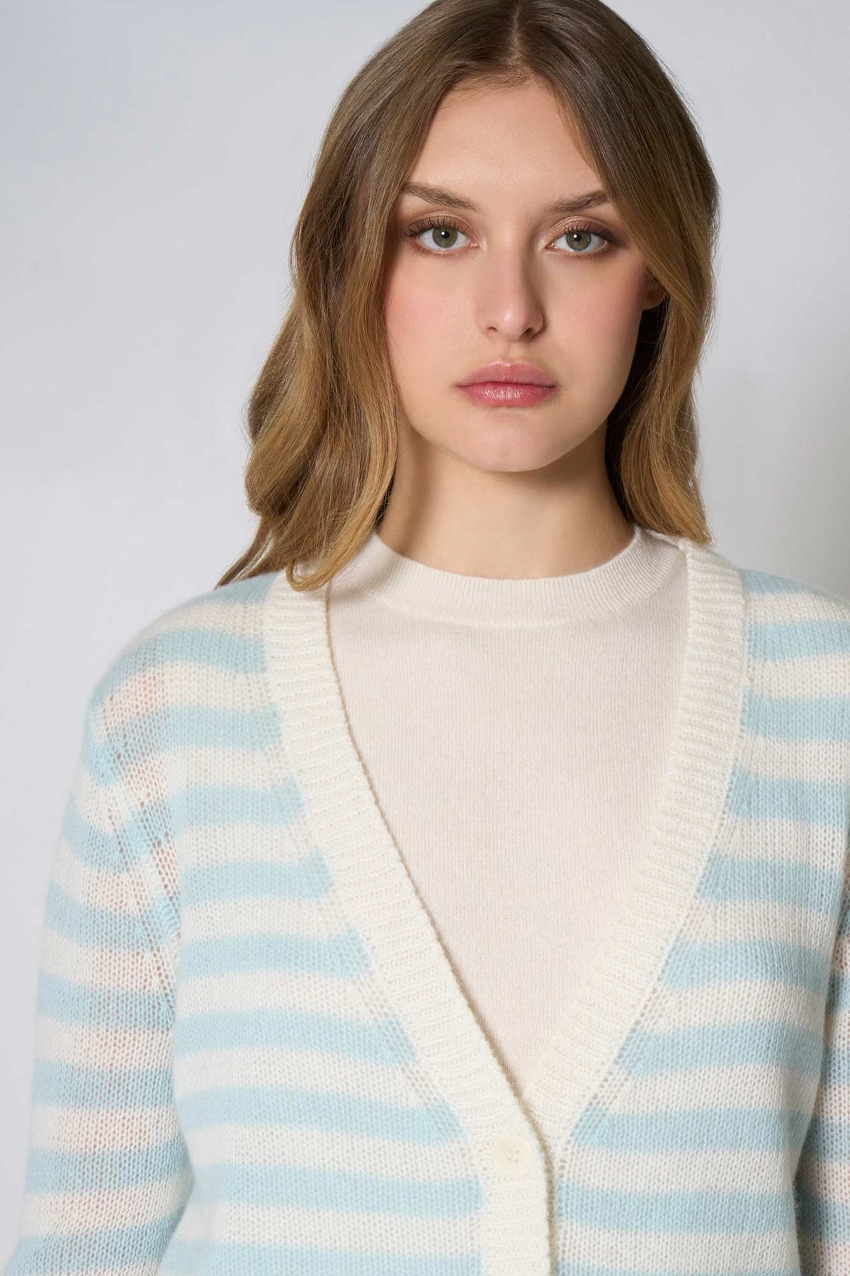 Cardigan a Righe in Puro Cashmere Acquamarina
