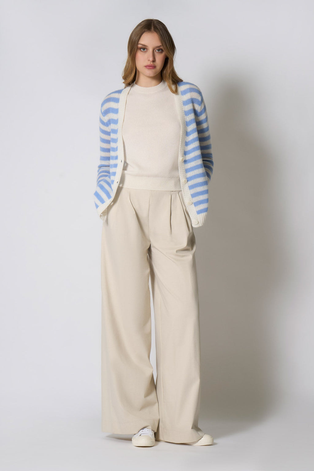 Cardigan a Righe in Puro Cashmere Cielo